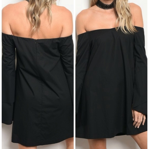 BLACK LONG SLEEVE OFF SHOULDER FLOWY TUNIC SKATER DRESS - Picture 1 of 3